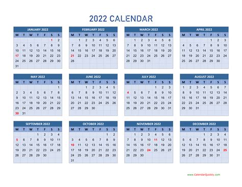 Monday Start Calendar 2022